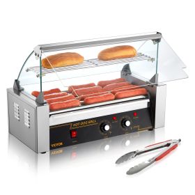 VEVOR Hot Dog Roller 5 Rollers 12 Hot Dogs Capacity, 750W Stainless Sausage Grill Cooker Machine with Dual Temp Control Glass Hood Acrylic Cover Bun W