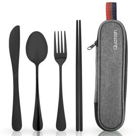 Travel Utensils with Case, Quatish Portable Silverware Set for Work, Lunch Reusable Travel Cutlery Set, 304 Stainless Steel Fork and Spoon Set for Cam