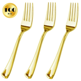 JL Prime 100 Piece Gold Plastic Forks Set, Re-Usable Recyclable Plastic Forks, Gold Plastic Forks, Great for Wedding, Anniversary, Rehearsal, Shower E