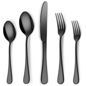 OGORI 20 Pieces Utensils Sets, Polished Stainless Steel Round Handle Flatware Service for 4 Black