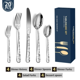 20PCS Silverware Set, Stainless Steel Flatware Set 4 Knives 4 Forks 4 Spoons 4 Tea Forks 4 Teaspoons with Beautiful Flower Pattern for Kitchen Restaur