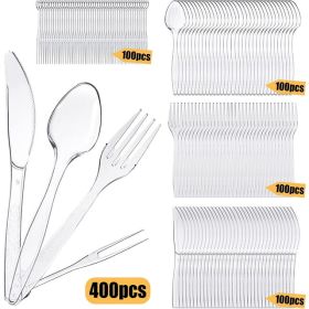 STONCEL 400PCS Clear Plastic Cutlery Set, Durable Reusable Plastic Cutlery Set Includes 100 Forks 100 Spoons 100 Knives 100 Fruit Forks for Tableware,