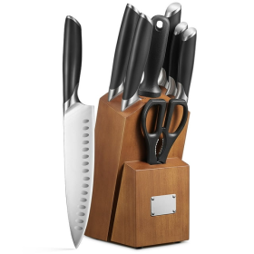 Knife Set, 8-Piece Premium Knife Block Set with High Carbon German Steel, 5 Knives, Sharpening Steel, Multi-Purpose Scissors, Block of Wood, Ergonomic