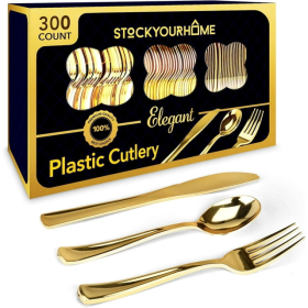 Disposable Gold Plastic Cutlery Set, 300 Total - Forks, Spoons, and Knives