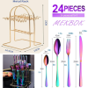 MEKBOK Colorful Silverware Set,24 piece Stainless Steel Flatware Set with Hanging Caddy,Iridescent Cutlery Utensils Set Service for 6,(Muti-colorful,